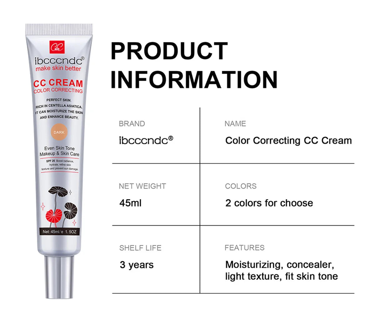 45ml Color Correcting CC Cream Moisturizing Waterproof Sweat-proof Makeup Before Concealer Lasting Women Makeup Change CC Cream