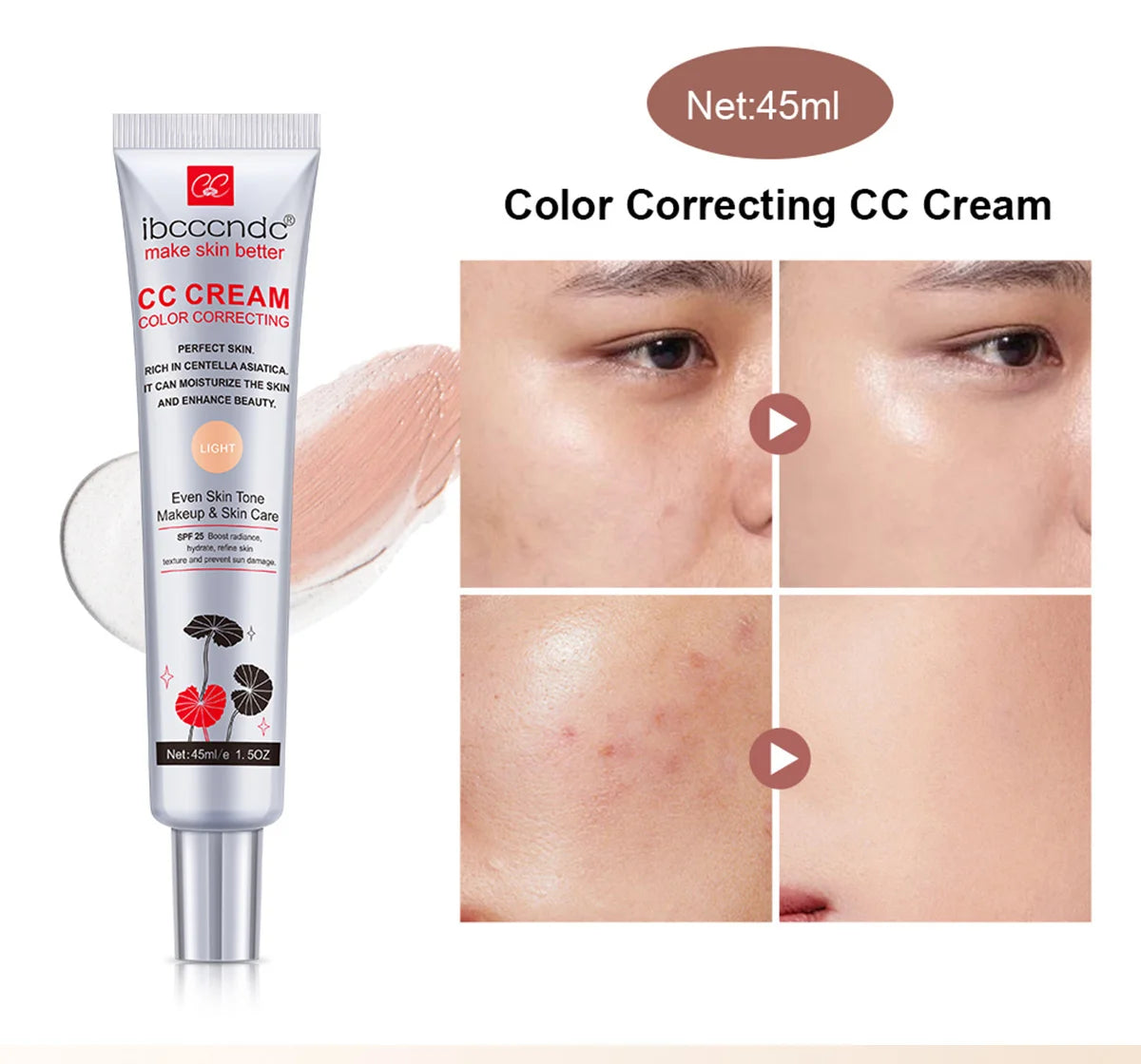 45ml Color Correcting CC Cream Moisturizing Waterproof Sweat-proof Makeup Before Concealer Lasting Women Makeup Change CC Cream
