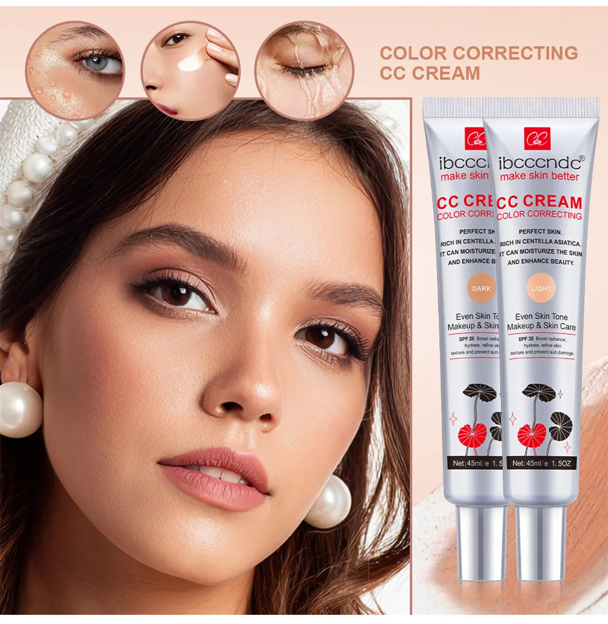 45ml Color Correcting CC Cream Moisturizing Waterproof Sweat-proof Makeup Before Concealer Lasting Women Makeup Change CC Cream