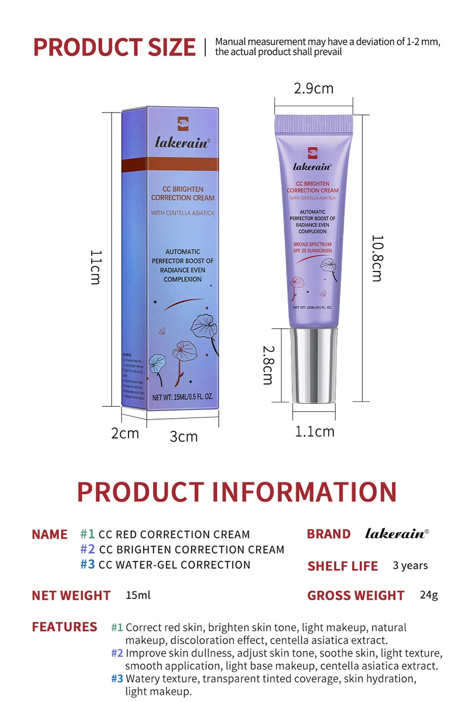 45ml Color Correcting CC Cream Moisturizing Waterproof Sweat-proof Makeup Before Concealer Lasting Women Makeup Change CC Cream