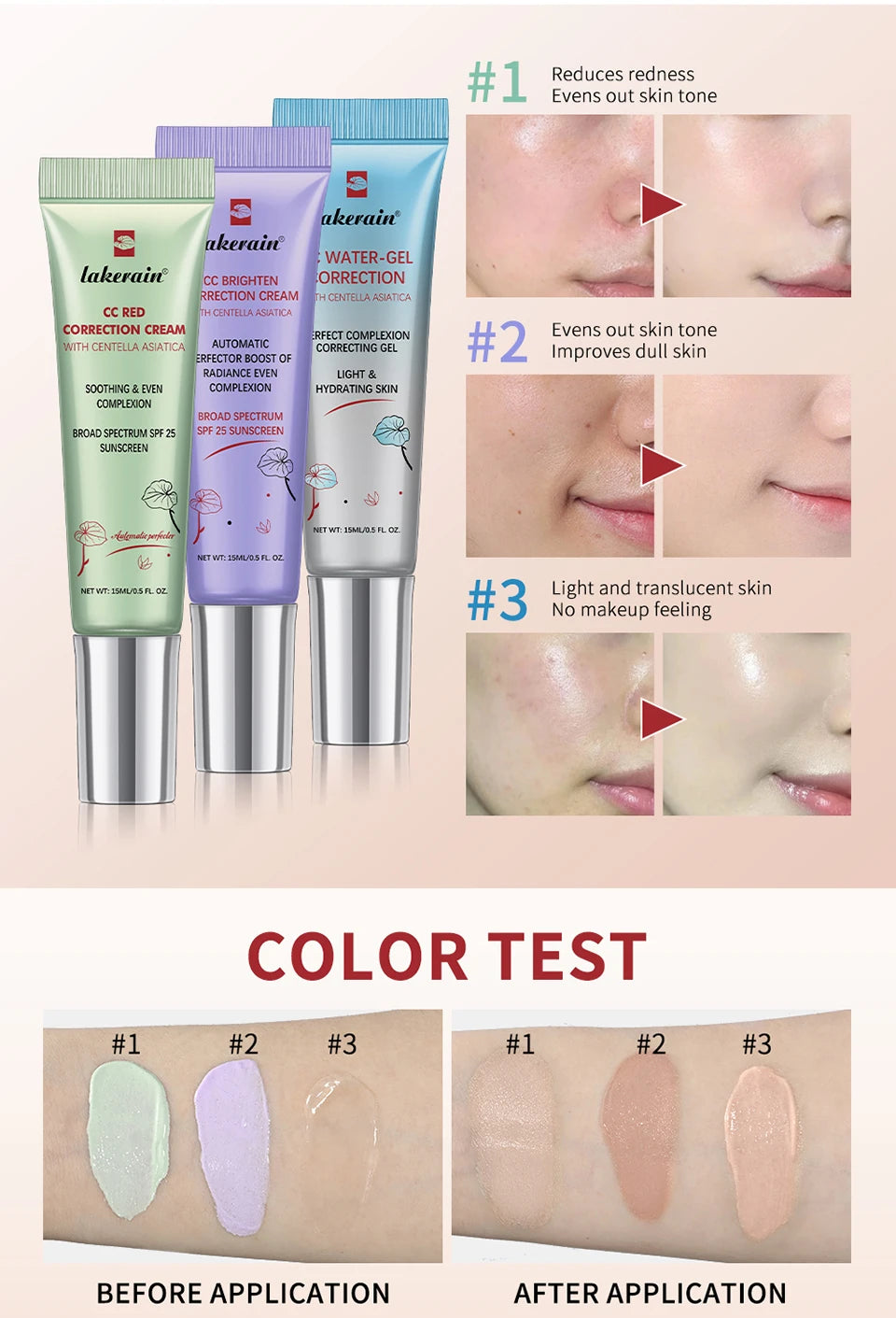 45ml Color Correcting CC Cream Moisturizing Waterproof Sweat-proof Makeup Before Concealer Lasting Women Makeup Change CC Cream